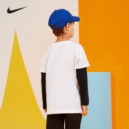 Nike 耐克小童装男童长袖T恤2021春秋儿童假两件针织休闲上衣打底衫 纯白色 130/64(7)