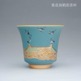 容山堂 cb676 瑞鶴圖茶杯 100ml 青色