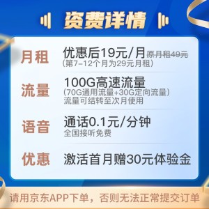 中国电信 手机卡流量卡不限速全国通用5G大流量号码卡低月租电话卡上网卡 海鸥卡19月租100G大流量-HO1