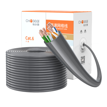 秋叶原（CHOSEAL）原装六类网线【工程版0.57±0.02mm】CAT6纯铜线芯 非屏蔽千兆网络线灰色305米QS2619AT305