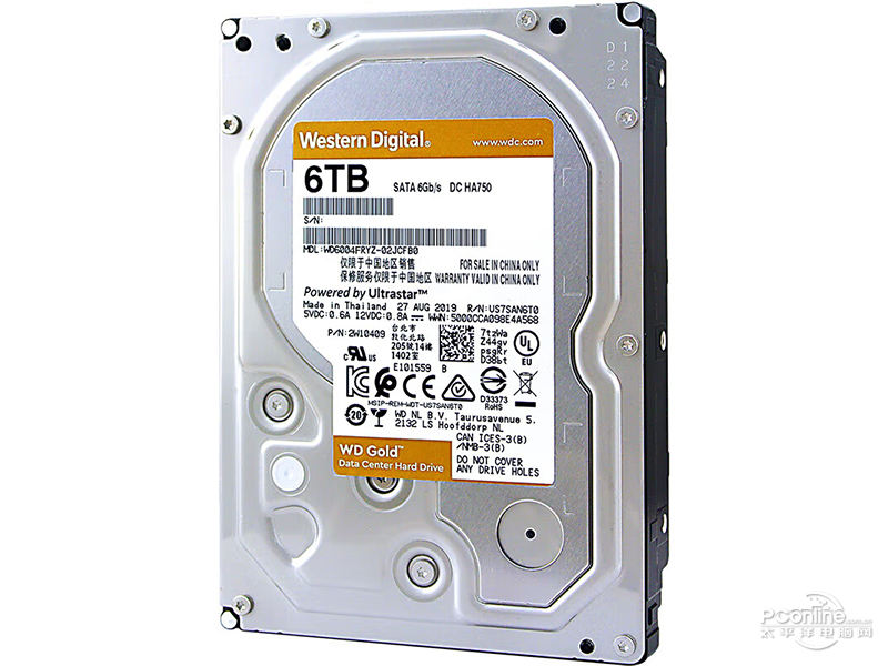 西部数据金盘 6TB 7200转 256M SATA 硬盘(WD6004FRYZ)